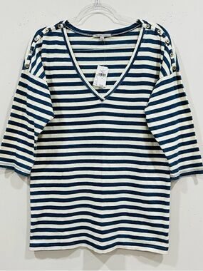 Gap Womens L 3/4 sleeve T-shirt tunic loose fit oversize blue‎ stripe top NWT